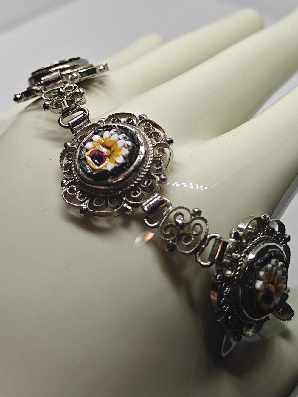 Vintage Italian Mosaic Bracelet In Silver Filigree Metal